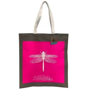 New Upcycled Hand Printed Large White Dragonfly Beautiful Shopper Tote Bag